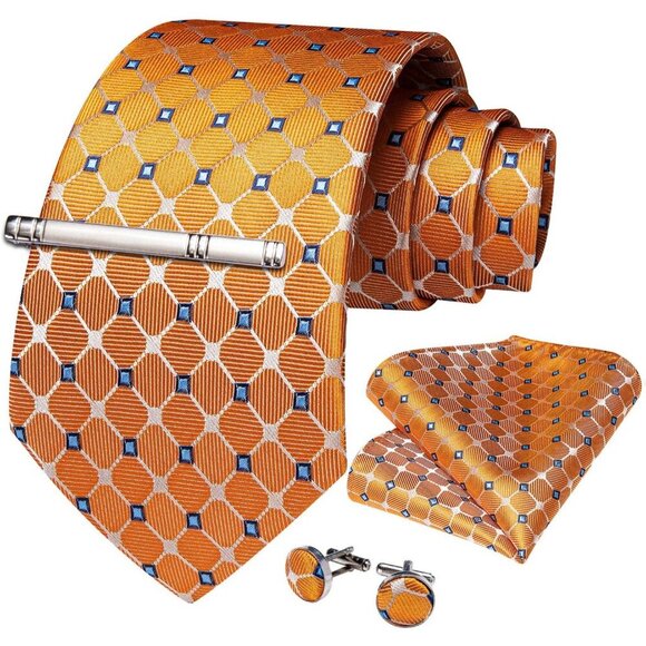 🆕Men Orange Plaid Silk Checkered Necktie Pocket Square Cufflinks Tie Clip Set - Picture 3 of 6